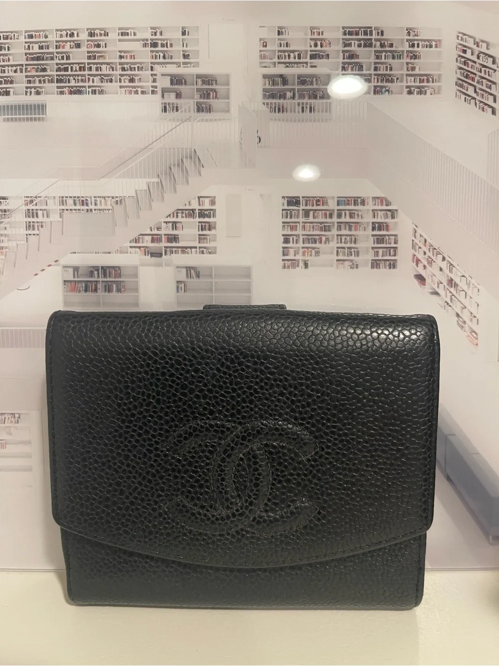 Authentic Vintage Chanel Black Caviar Leather CC Logo Compact Wallet Flap Wallet